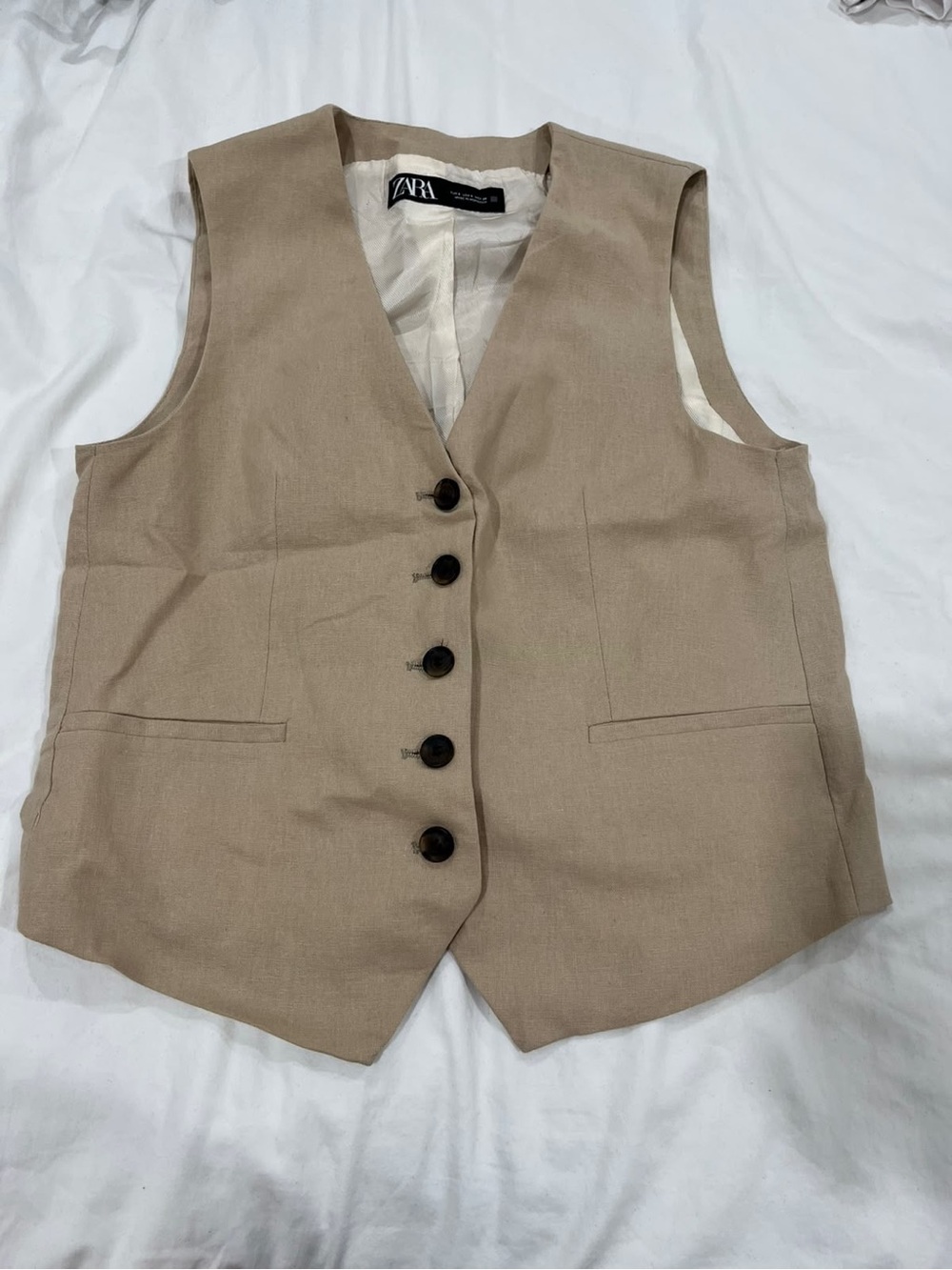 Zara Women's Beige linen Tailored Vest with black buttons size S